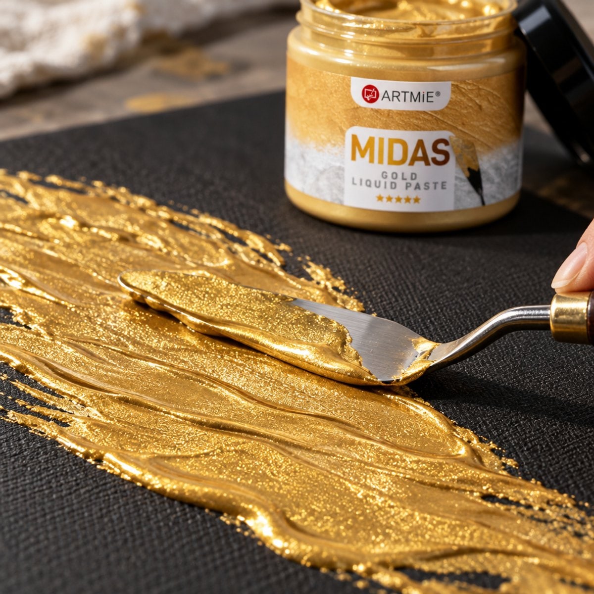 Arany ARTMIE MIDAS fémpaszta felvitele spaknival fekete vászonra — makró