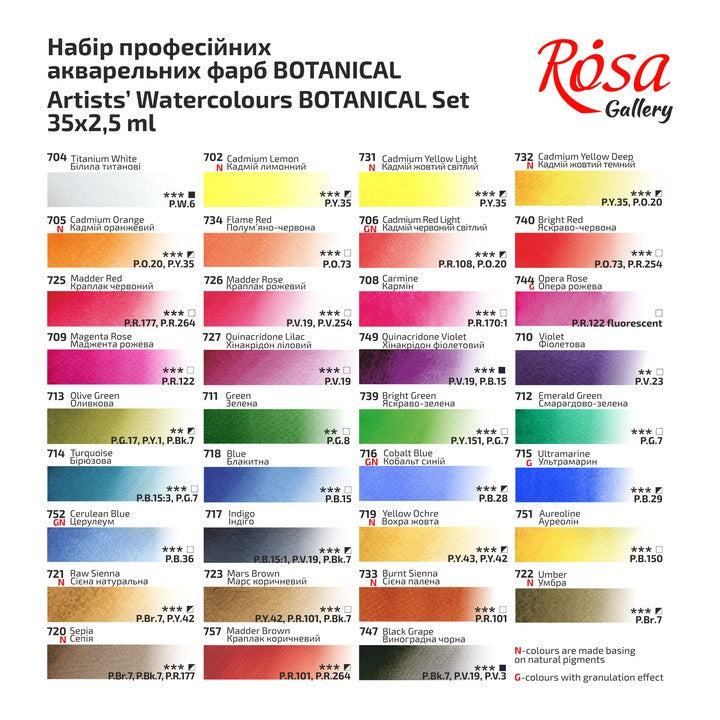 ROSA GALLERY "Botanical" akvarellfesték készlet, fém doboz, 35 szín, egész szilárd festékpogácsák