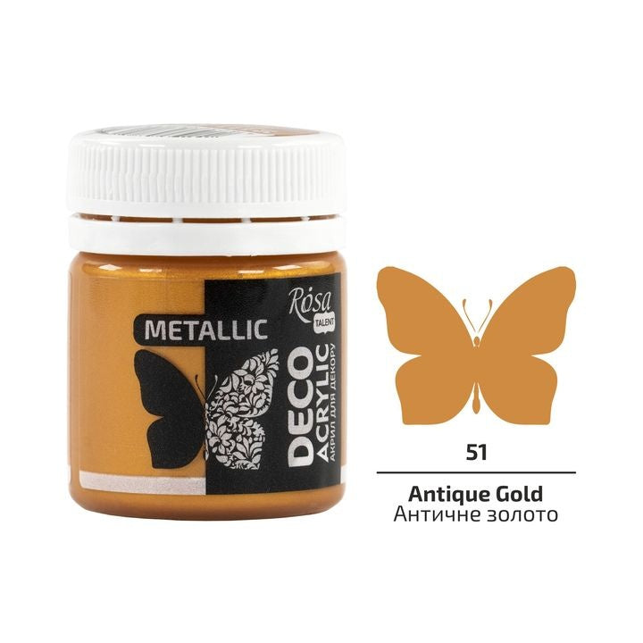 Akrilfesték dekoráláshoz, metál, 20 ml, ROSA Talent – 51 Antique Gold