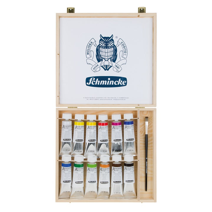 Akrilfesték készlet ecsettel fadobozban Schmincke AKADEMIE 12 x 60 ml