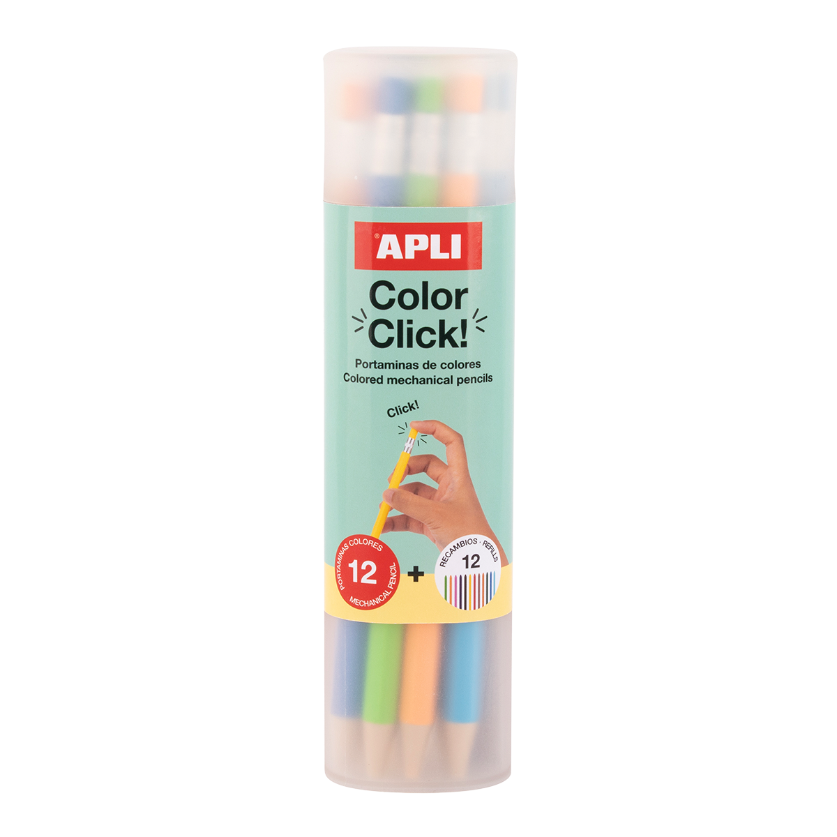 APLI Color Click nyomós színes ceruzák, 12 db pótbetétekkel és hegyezővel