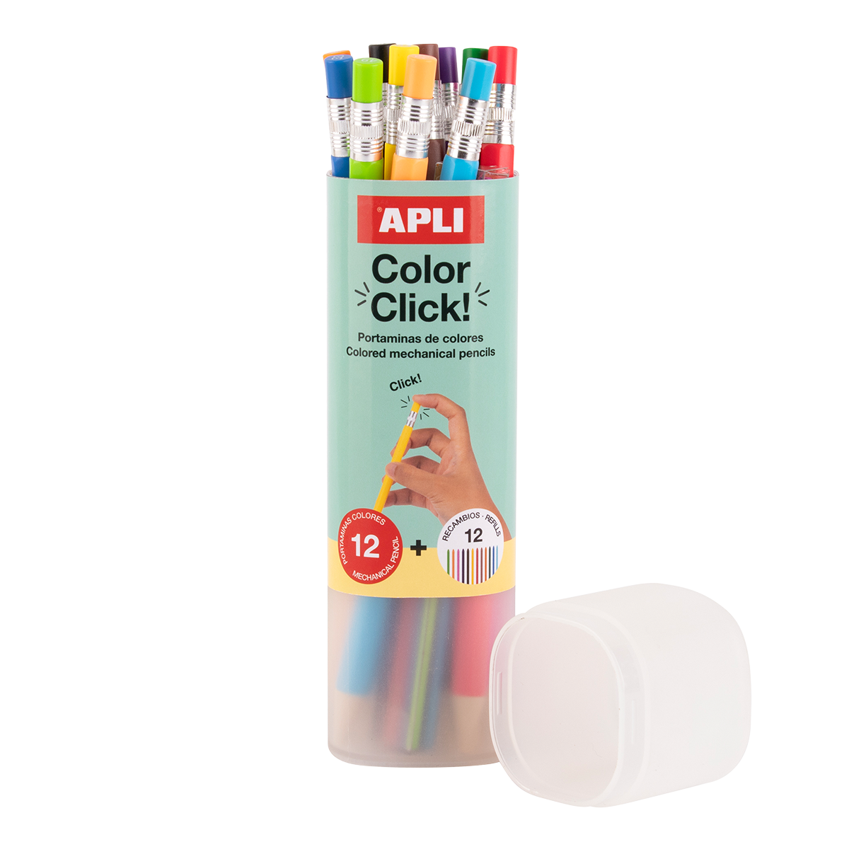 APLI Color Click nyomós színes ceruzák, 12 db pótbetétekkel és hegyezővel