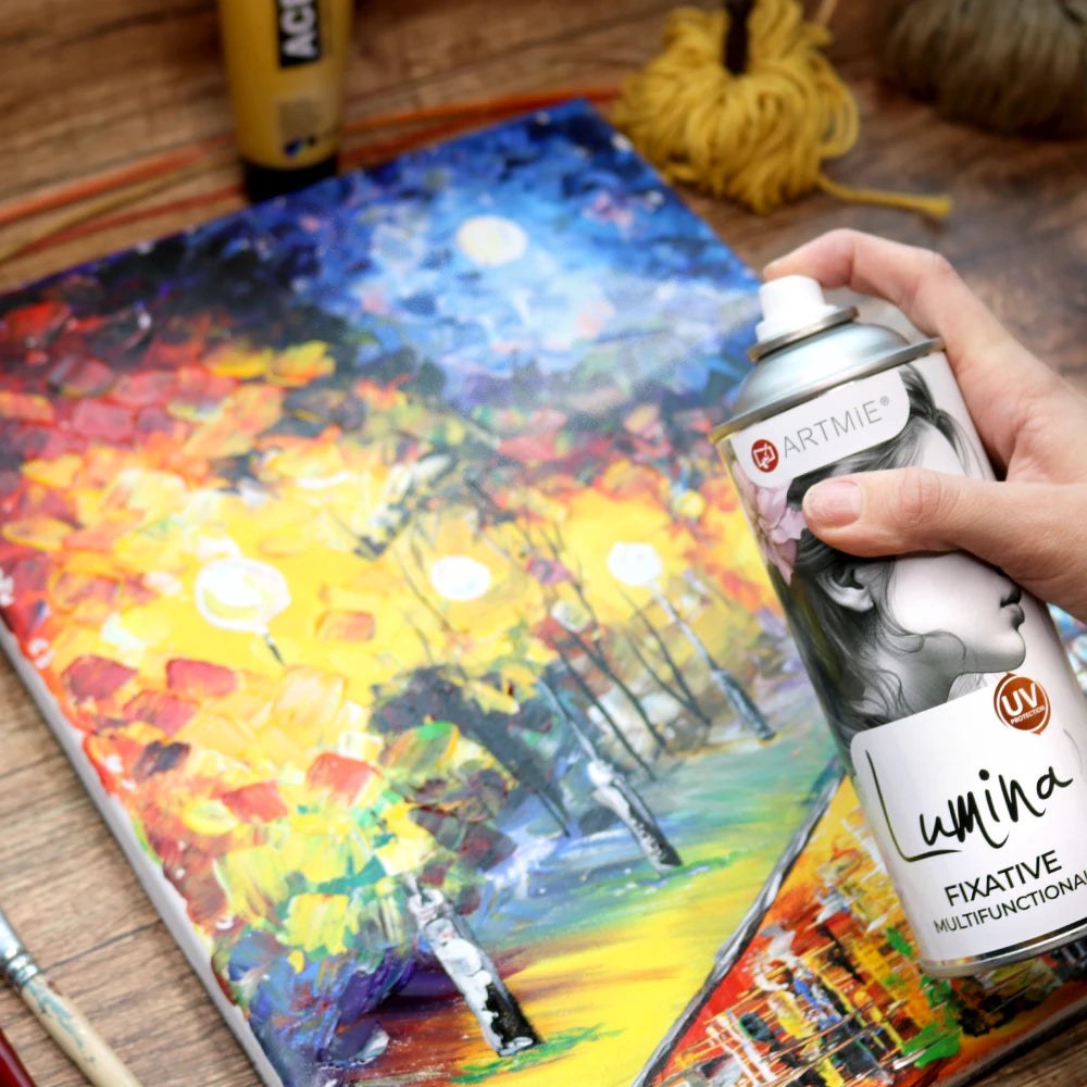 ARTMIE Lumina fixáló spray felhordása akrilfestményre a műhelyben