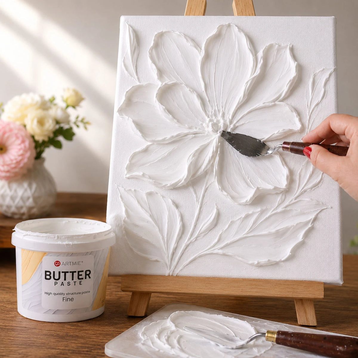 3D domború virágos kép ARTMIE Butter Fine textúrpasztával készítve