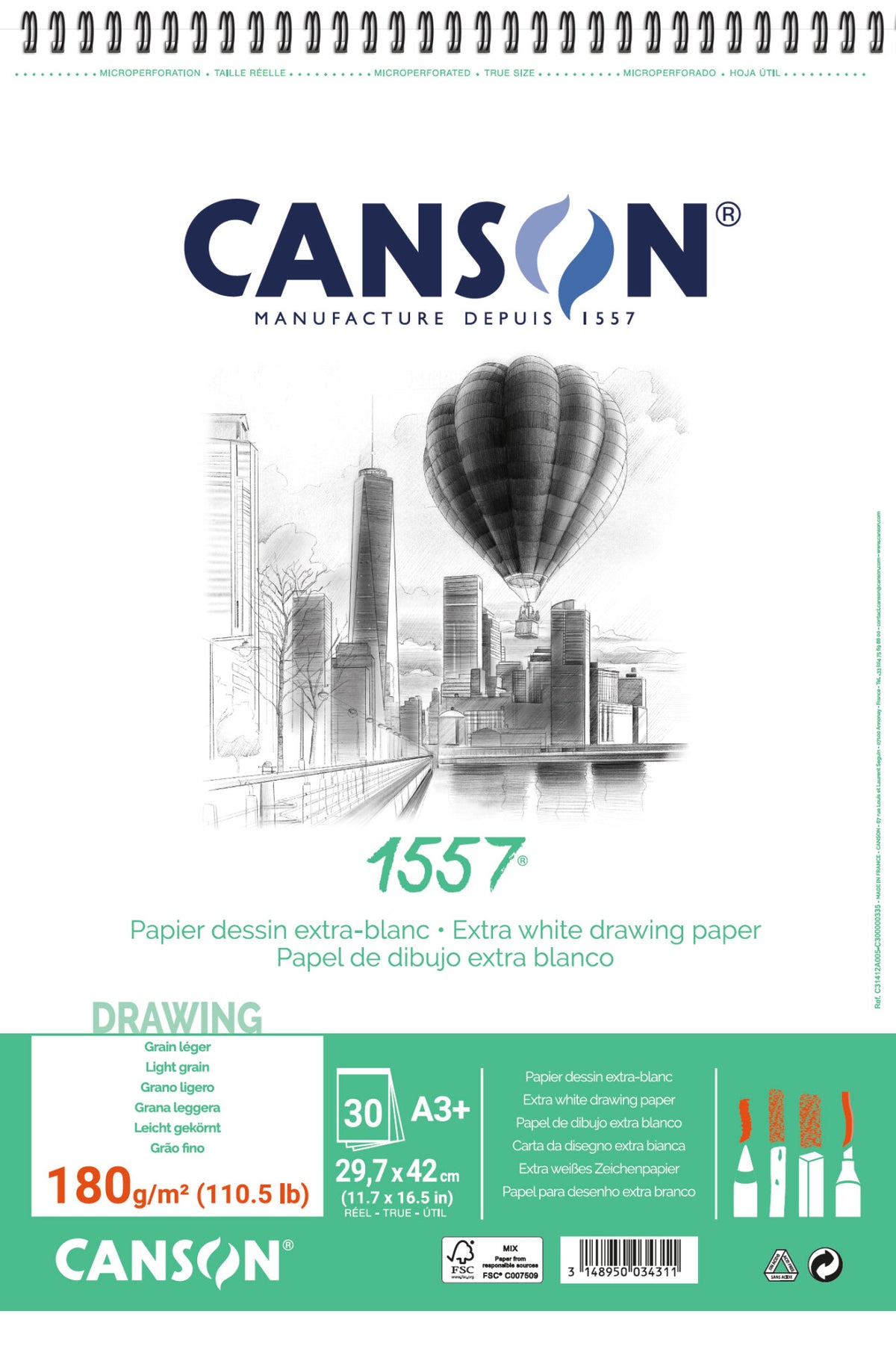 CANSON 1557 vázlattömb 180 g/m² A3 30 lap finomszemcsés