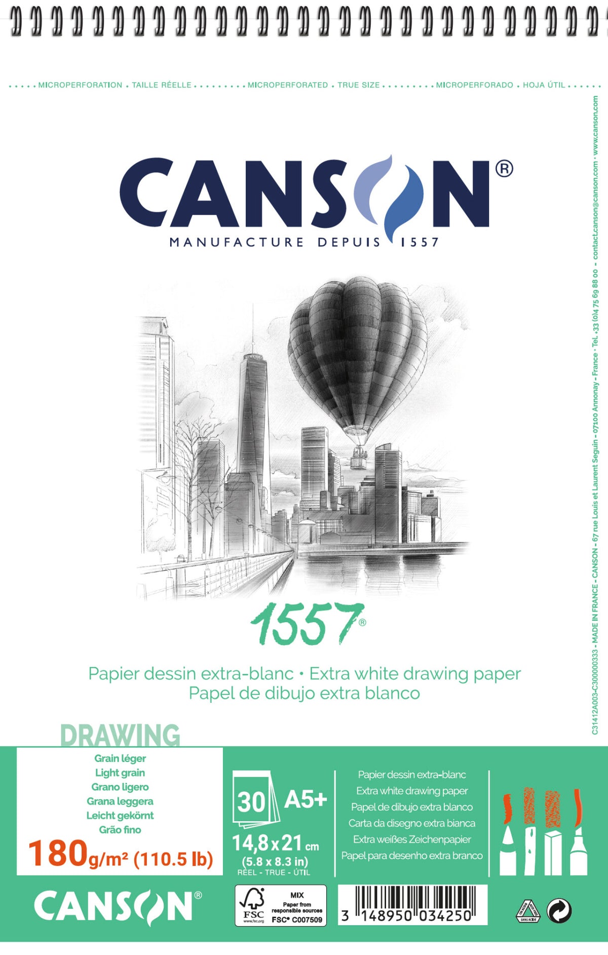CANSON 1557 vázlattömb 180 g/m² A5 30 lapos, spirálozott