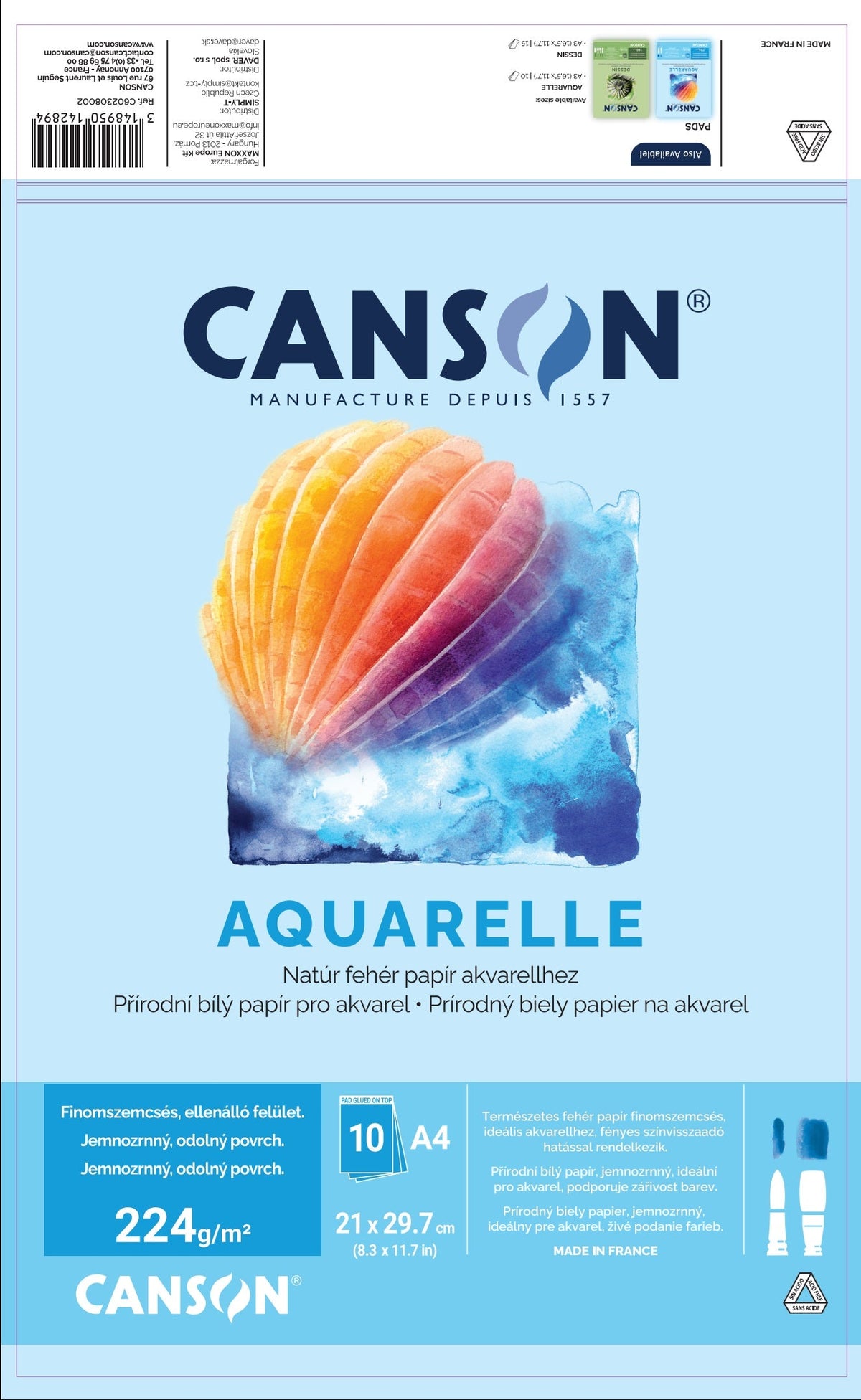 Canson akvarelltömb CP 224 g/m² 10 lap A4 ragasztott