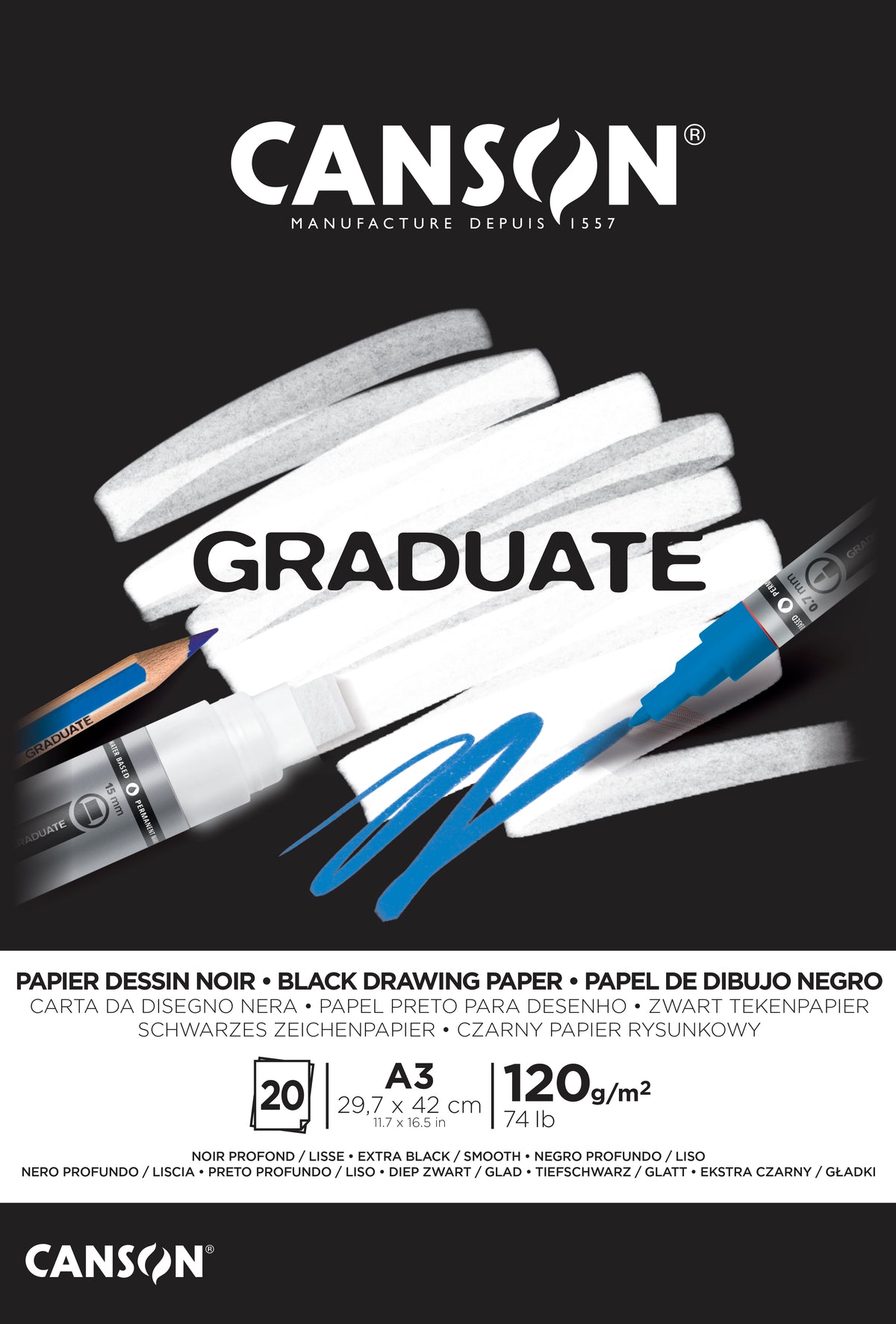 CANSON Graduate fekete vázlattömb 120 g/m² A3 - 20 lap, ragasztott