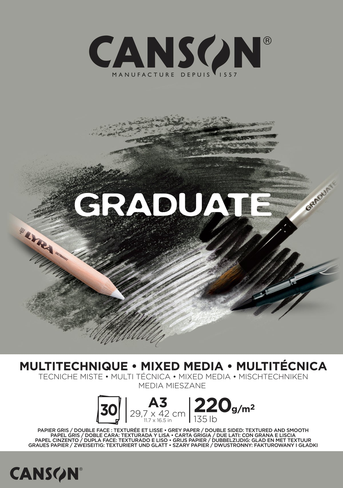 CANSON Graduate Mix Media tömb szürke 220 g A3, 30 lap, ragasztott