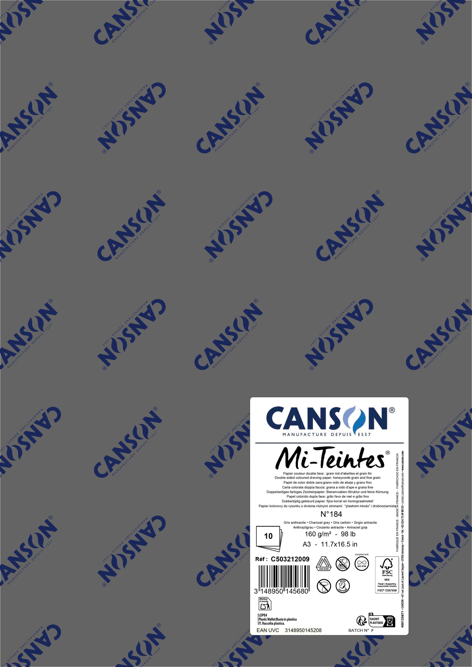 Canson Mi-Teintes pasztellpapír A3 160 g - 10 ív – Faszénszürke 184