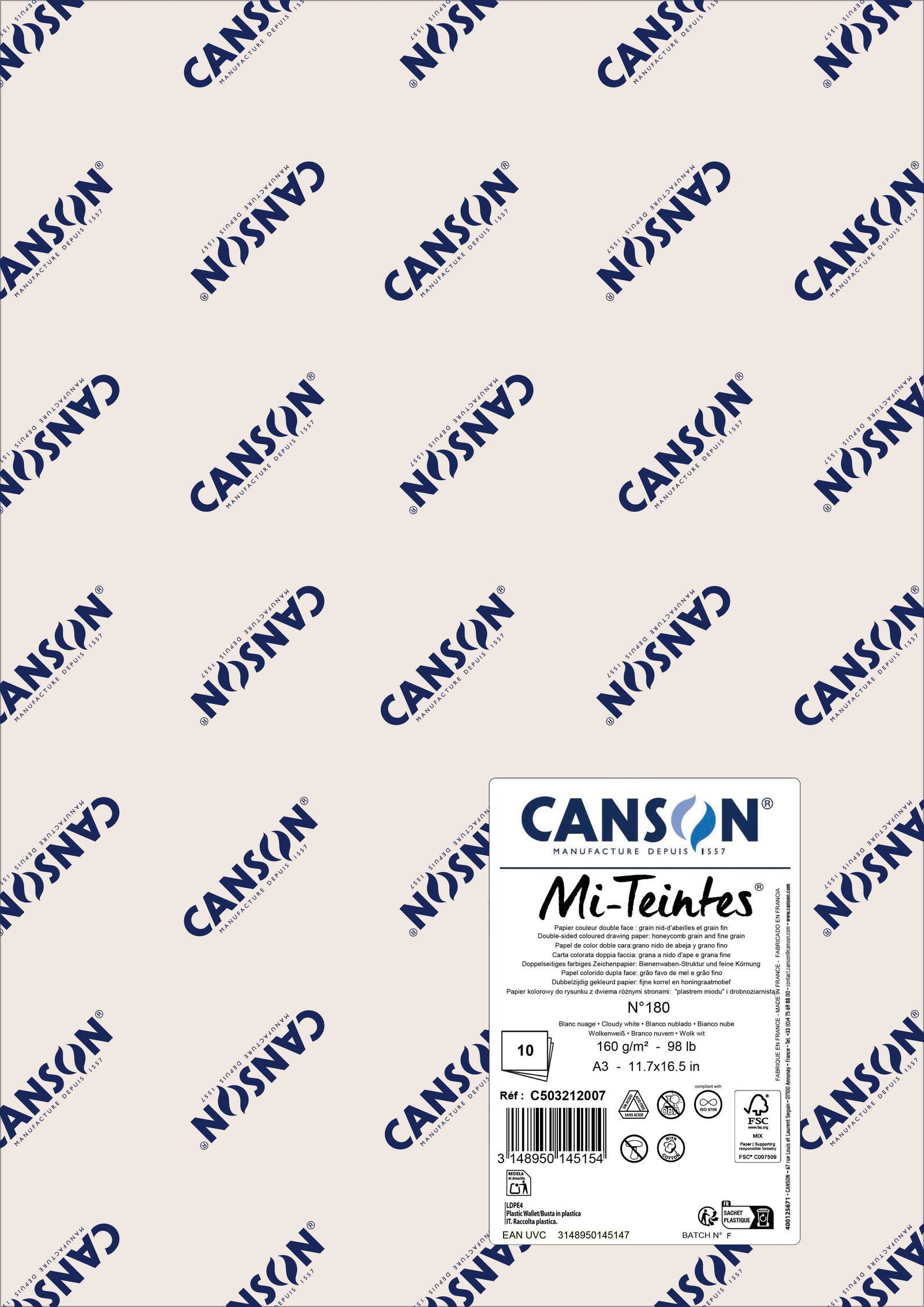 Canson Mi-Teintes pasztellpapír A3 160 g - 10 ív – Felhőfehér 180