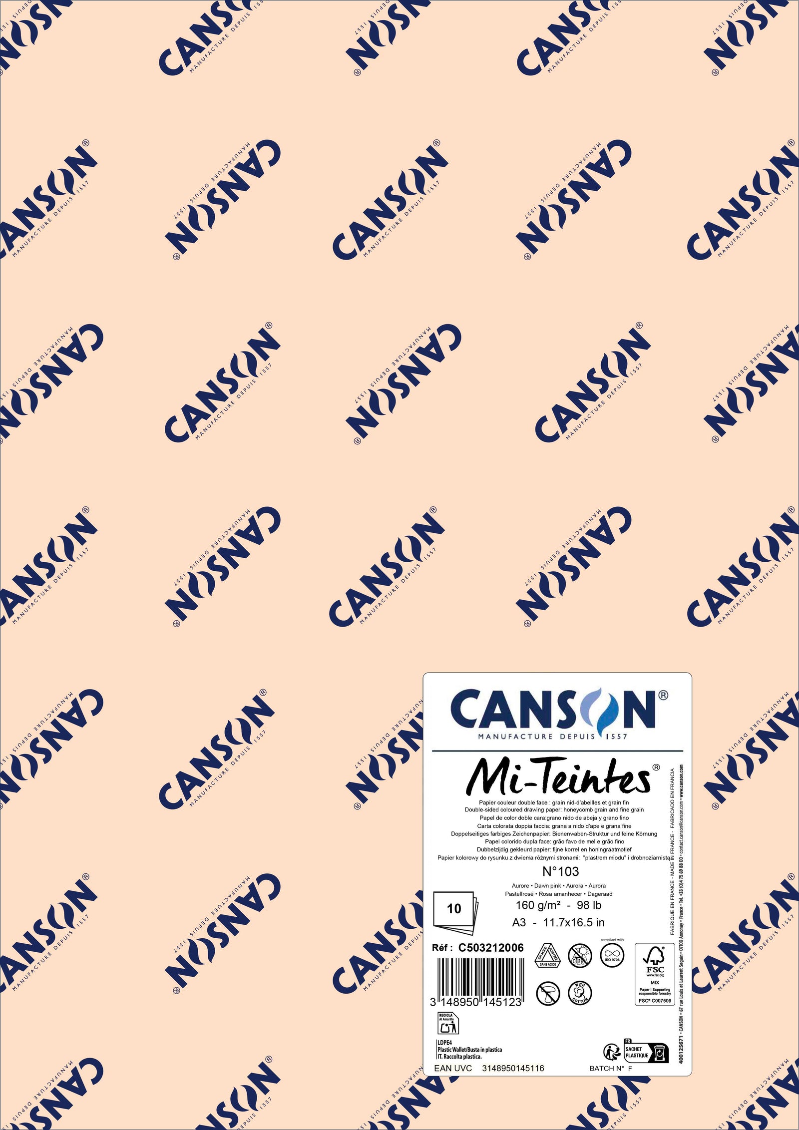 Canson Mi-Teintes pasztellpapír A3 160 g - 10 ív – Hajnalrózsaszín 103