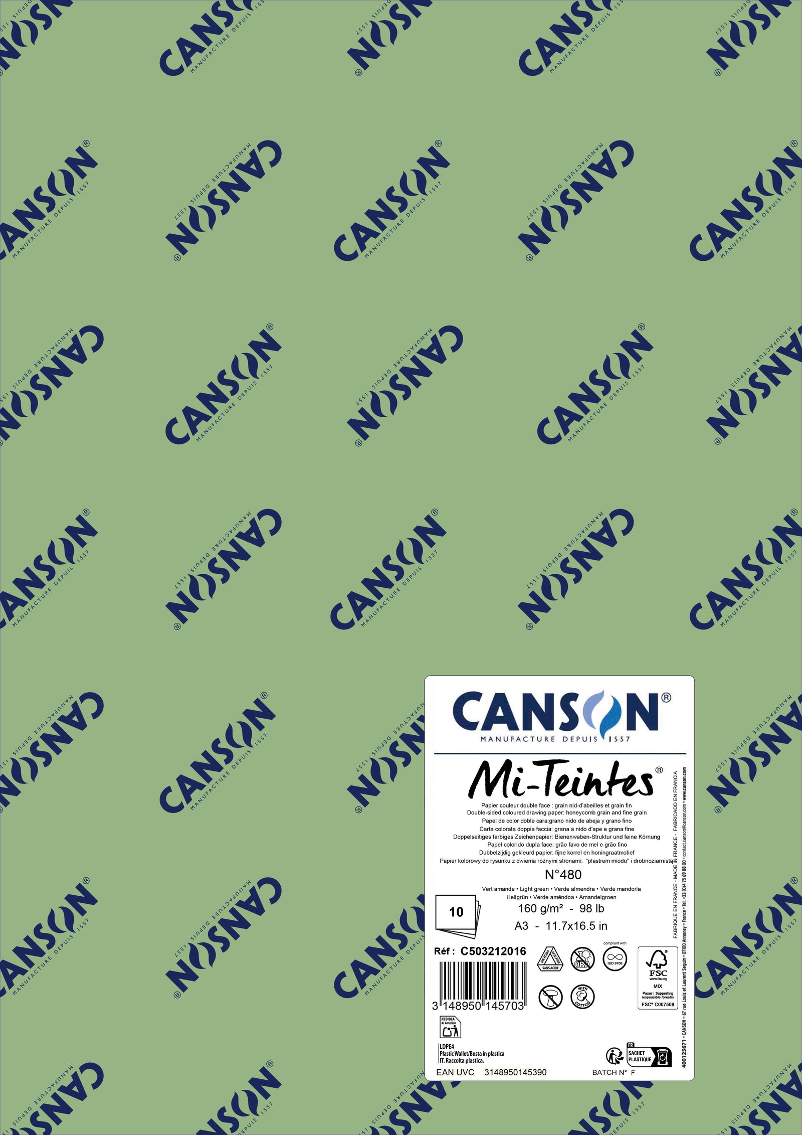 Canson Mi-Teintes pasztellpapír A3 160 g - 10 ív – Világoszöld 480