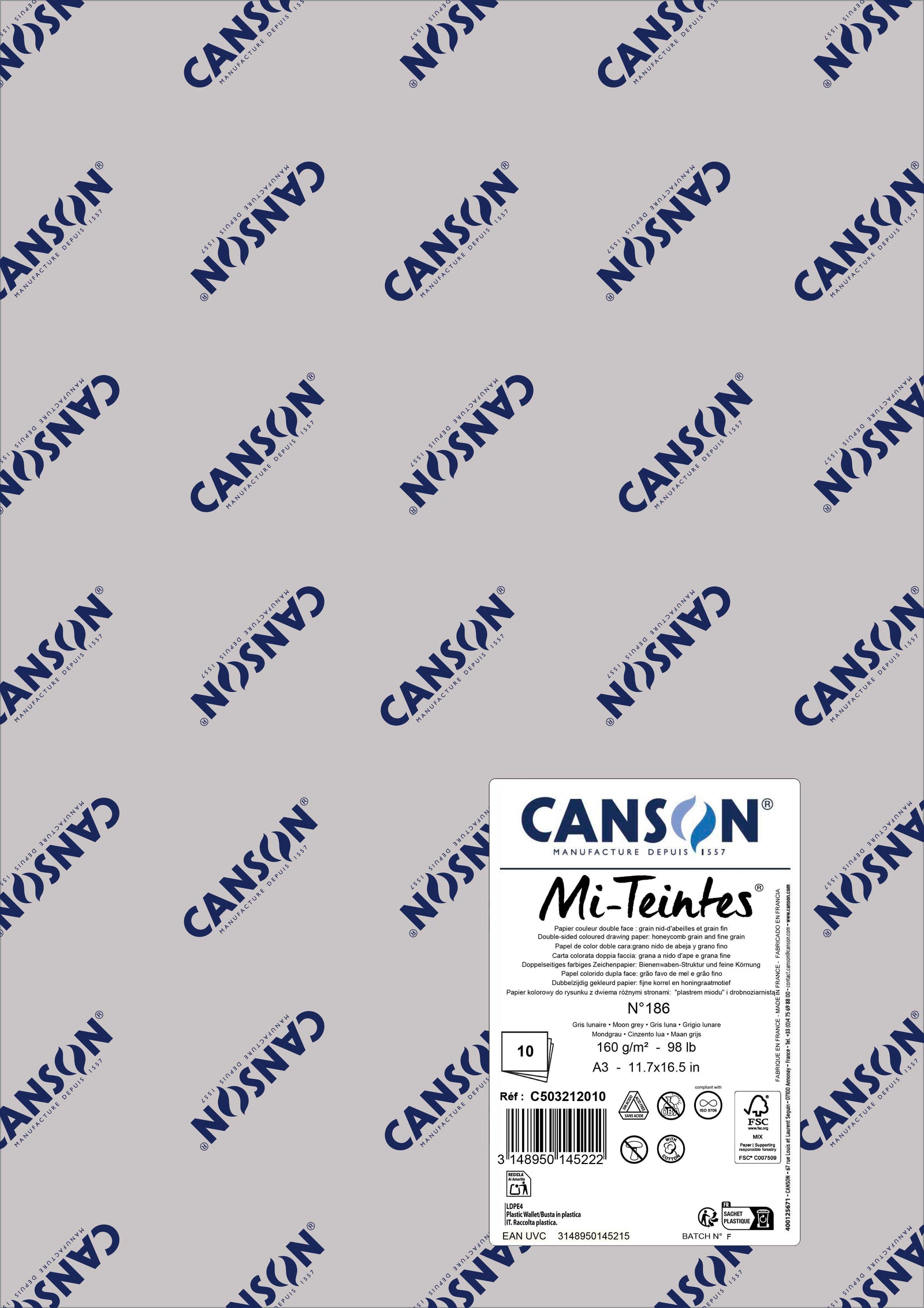 Canson Mi-Teintes pasztellpapír A3 160 g - 10 ív – Hold szürke 186
