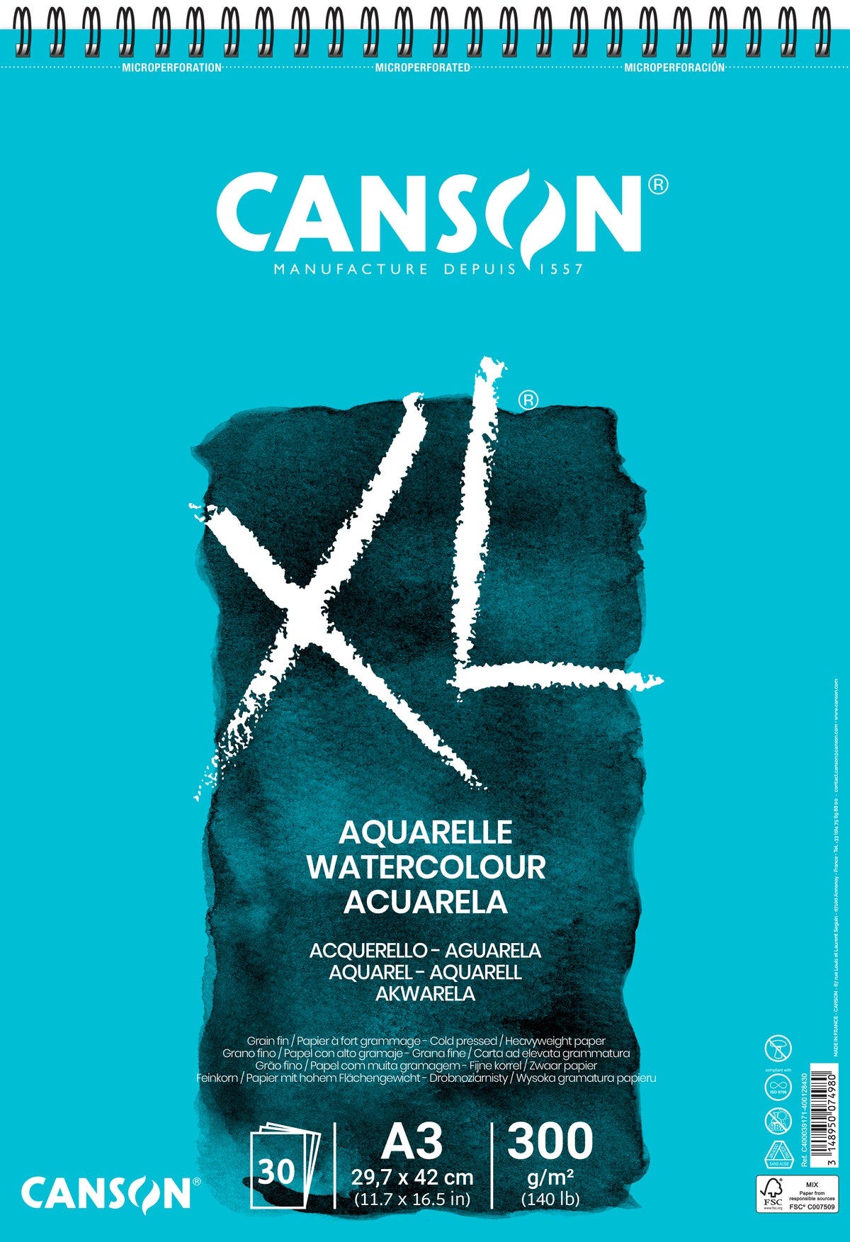 CANSON XL Aquarelle akvarelltömb 300 g/m² A3 - 30 lap, spirálos