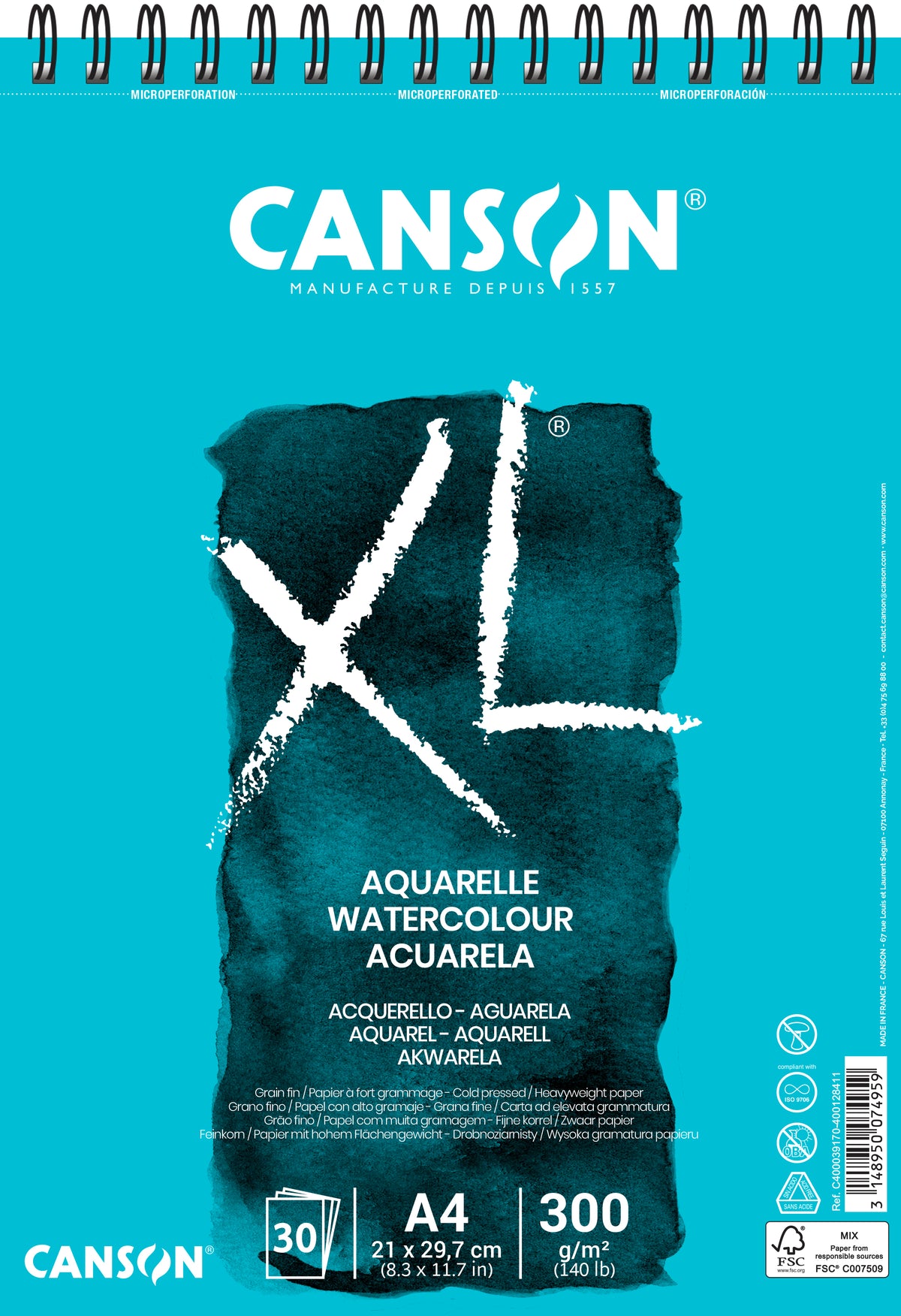 Canson XL akvarelltömb CP White 300 g/m² - 30 lap, A4, spirálozott