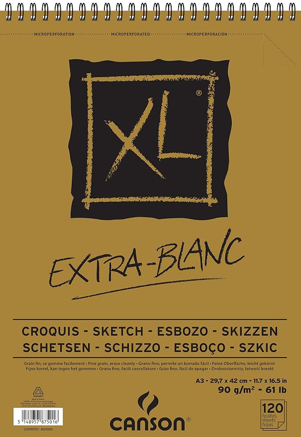 CANSON XL Extra Blanc vázlattömb 90 g/m² 120 lap A3 felső spirálozással