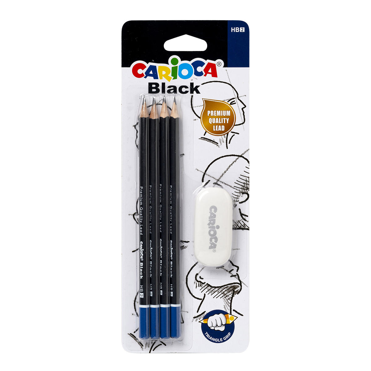 Carioca Black háromszögletű ceruza készlet 2/HB radírral, 4 db