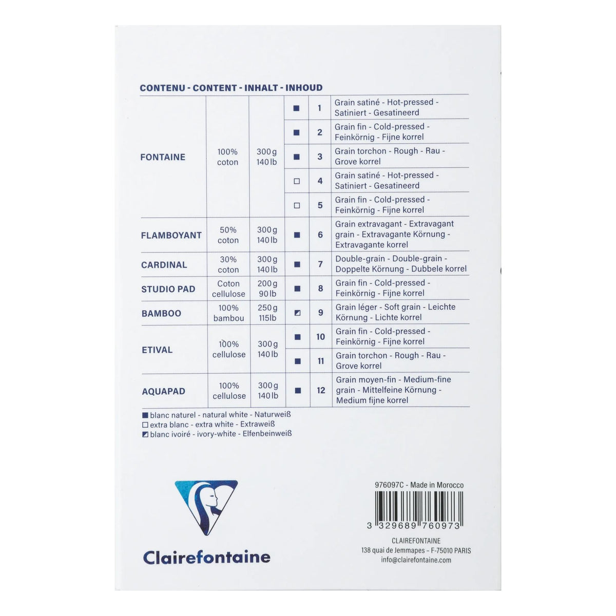 CLAIREFONTAINE Aqua Essentials akvarell tömb 200 - 300 g/m² 10 – 24 cm - 12 lapos