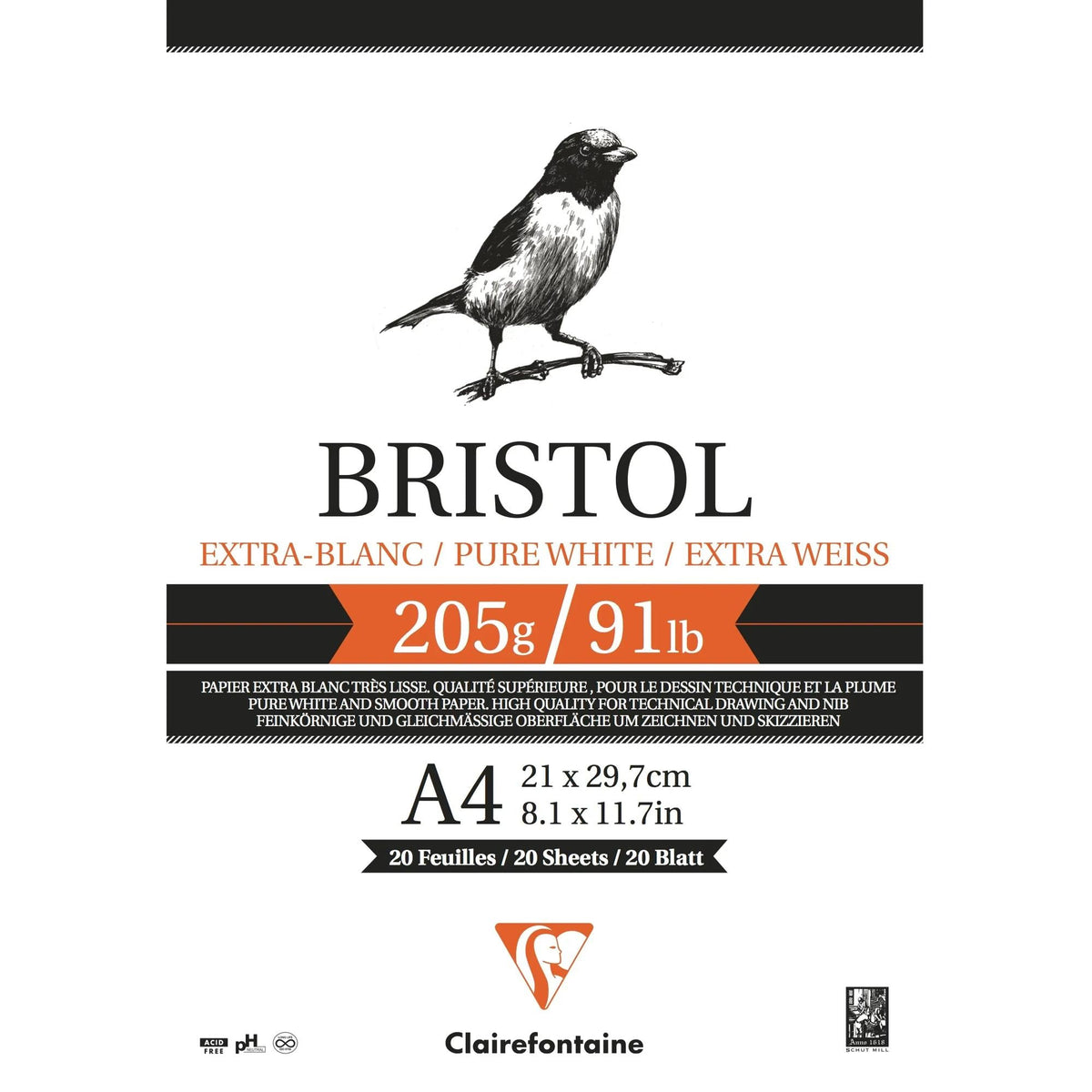 CLAIREFONTAINE Bristol rajztömb 205 g/m² – 20 lap, A4 – A3