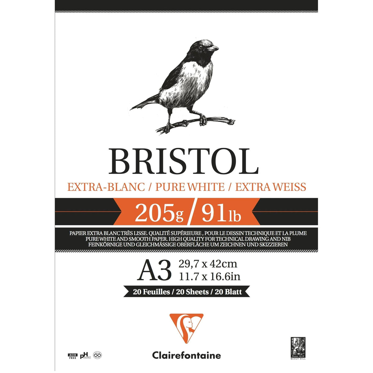 CLAIREFONTAINE Bristol rajztömb 205 g/m² – 20 lap, A4 – A3