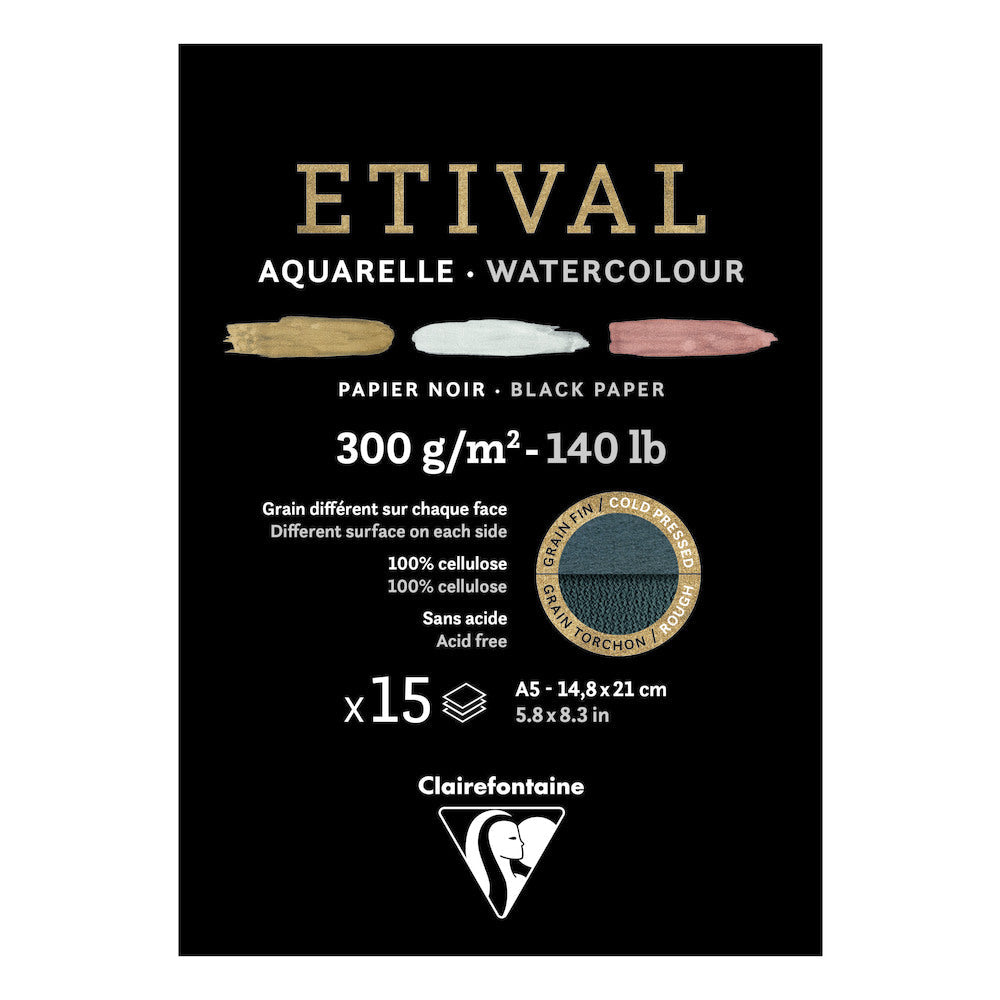 Clairefontaine Étival akvarelltömb CP R 300 g 15 lap ragasztott Black