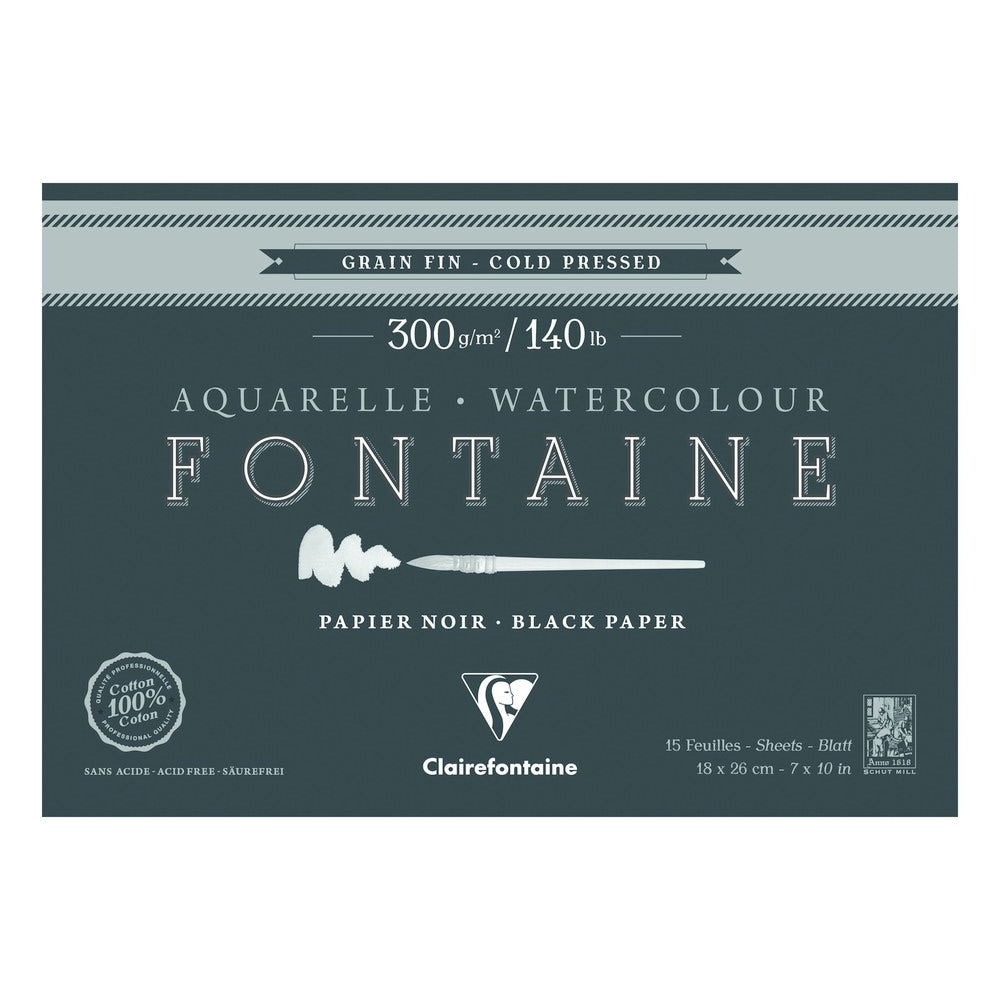Clairefontaine Fontaine akvarelltömb CP Black 300 g 15 lap x 26 cm körben ragasztott – 18