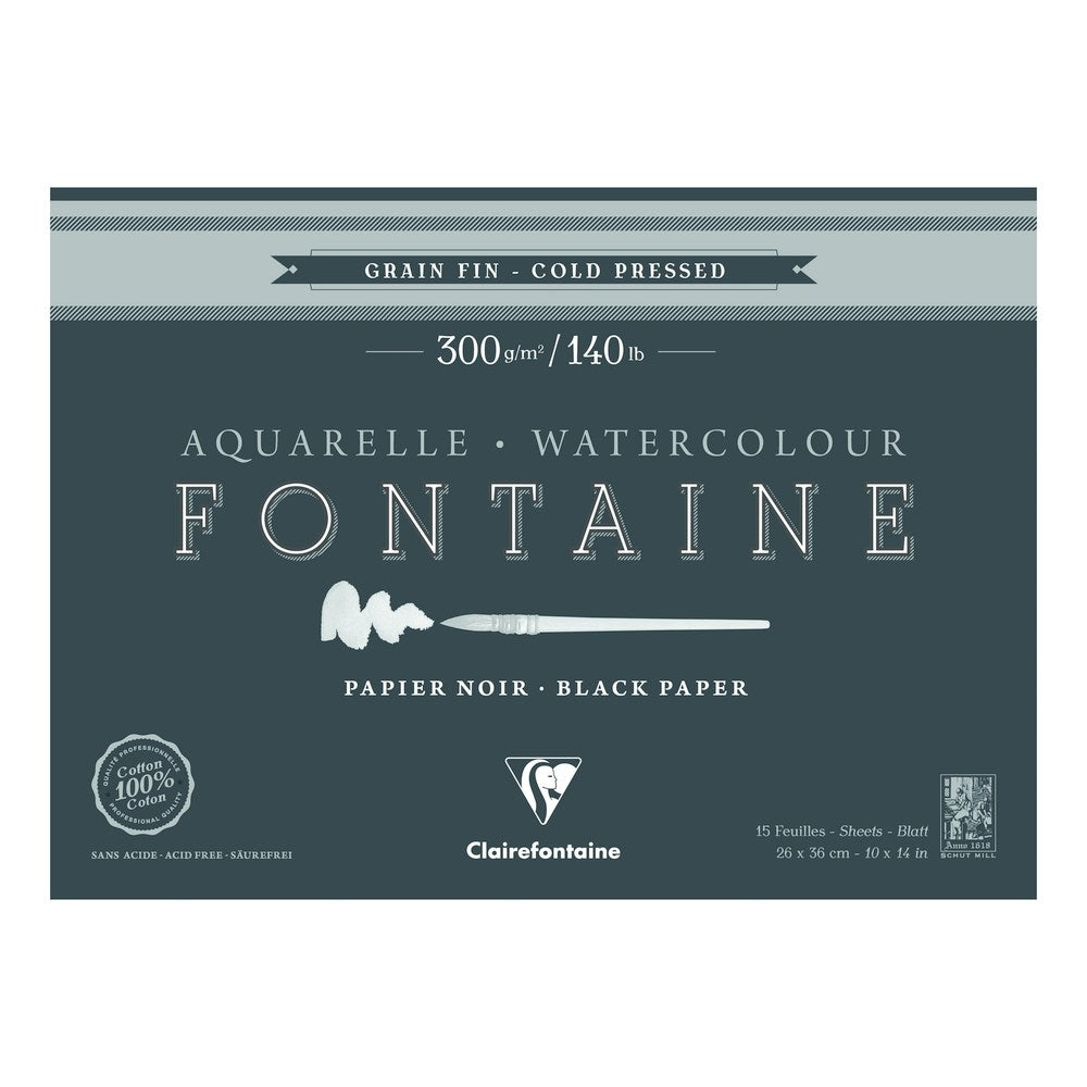 Clairefontaine Fontaine akvarelltömb CP Black 300 g 15 lap x 26 cm körben ragasztott – 36