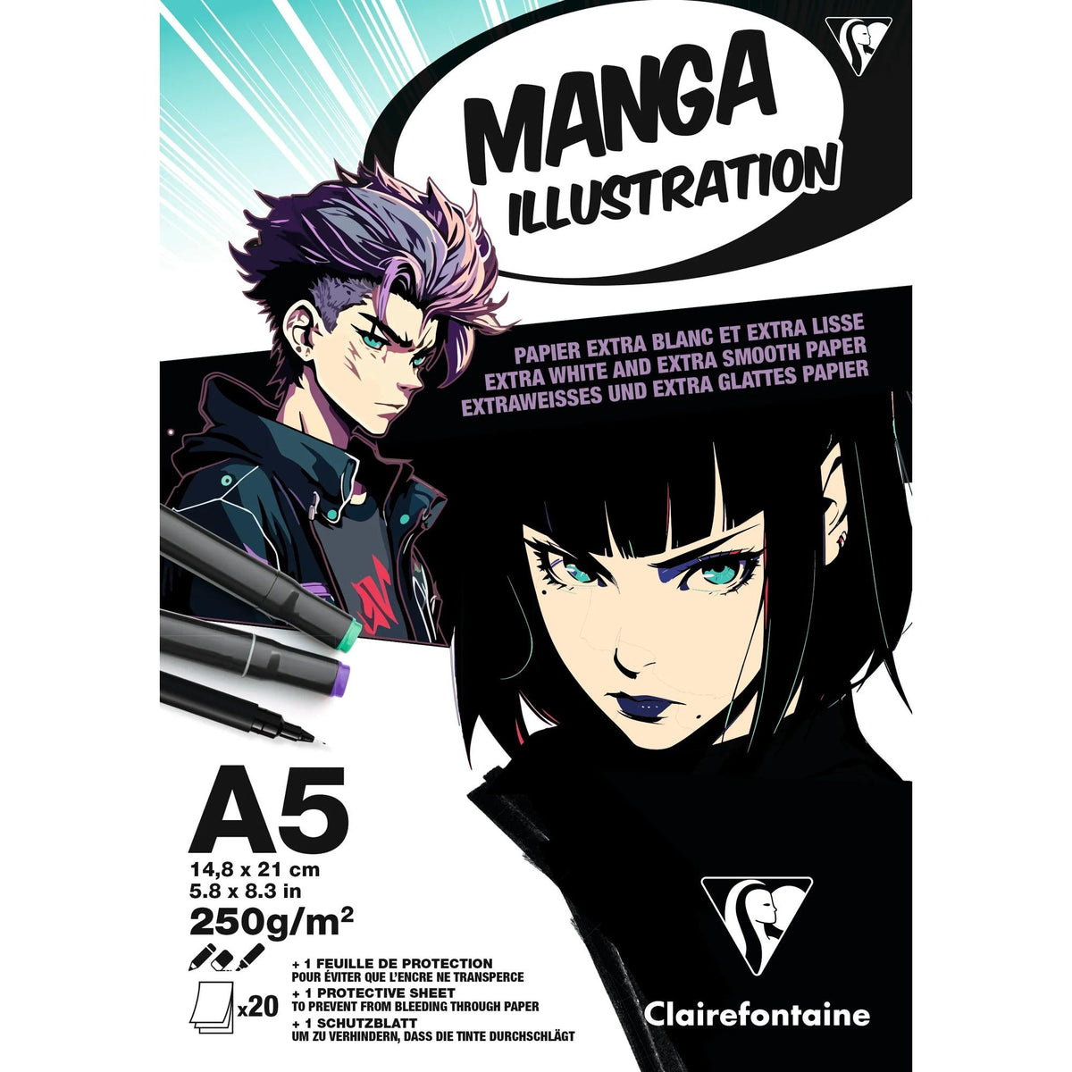 CLAIREFONTAINE Manga Illustration rajztömb 250 g/m² A5 – A3 - 20 lap
