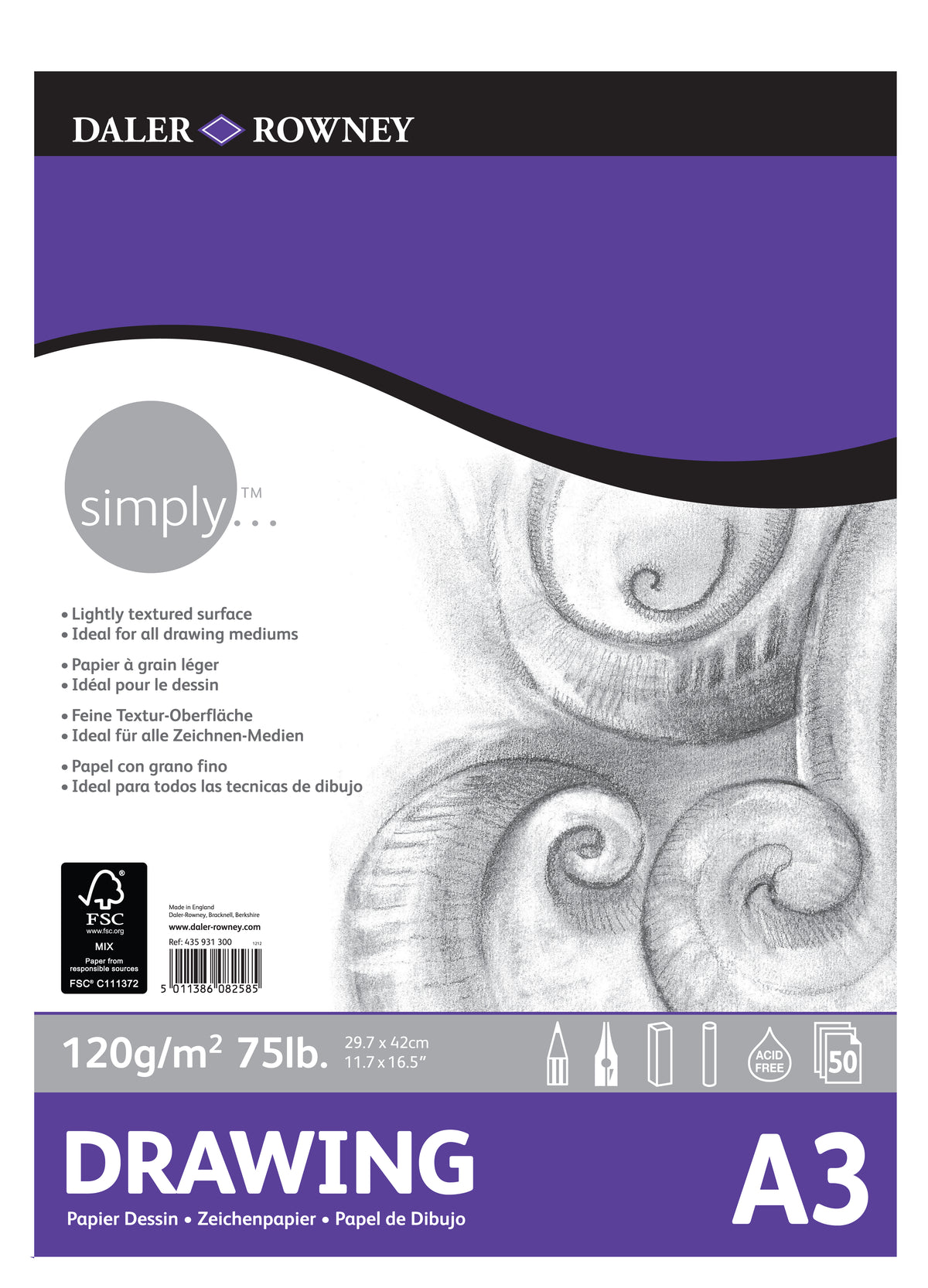 DALER ROWNEY Simply vázlattömb A3, 120 g, 50 lap ragasztott