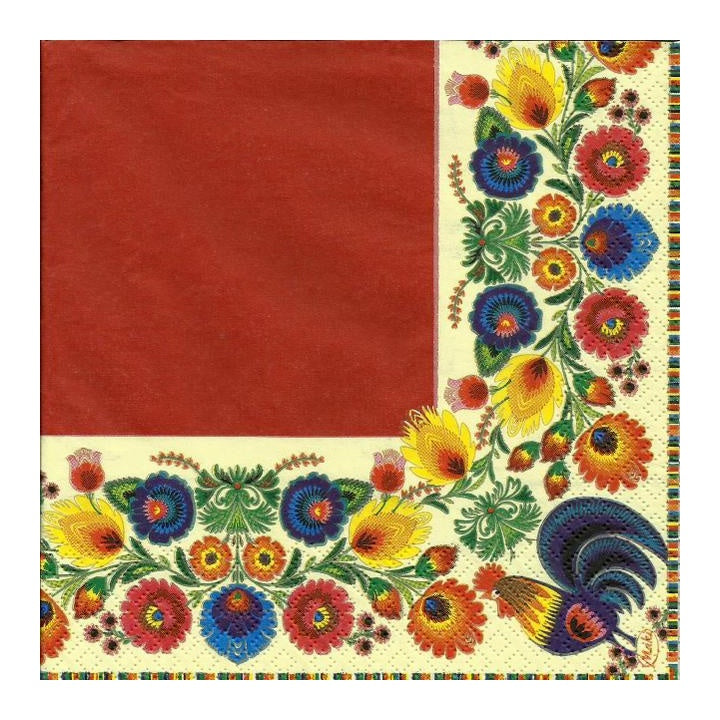 Eko decoupage szalvéta Folk Cocks Red & Cream - 1 db