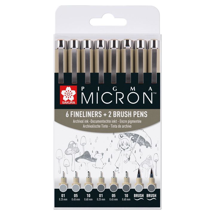 Műszaki tollkészlet Sakura Pigma Micron szürke árnyalatok 8 db (1)