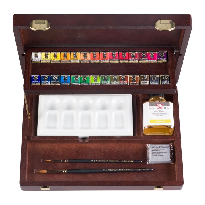 Profesionális Rembrandt aquarell festék készlet 28 tégellyel és tartozékokkal, fából készült táska (2)