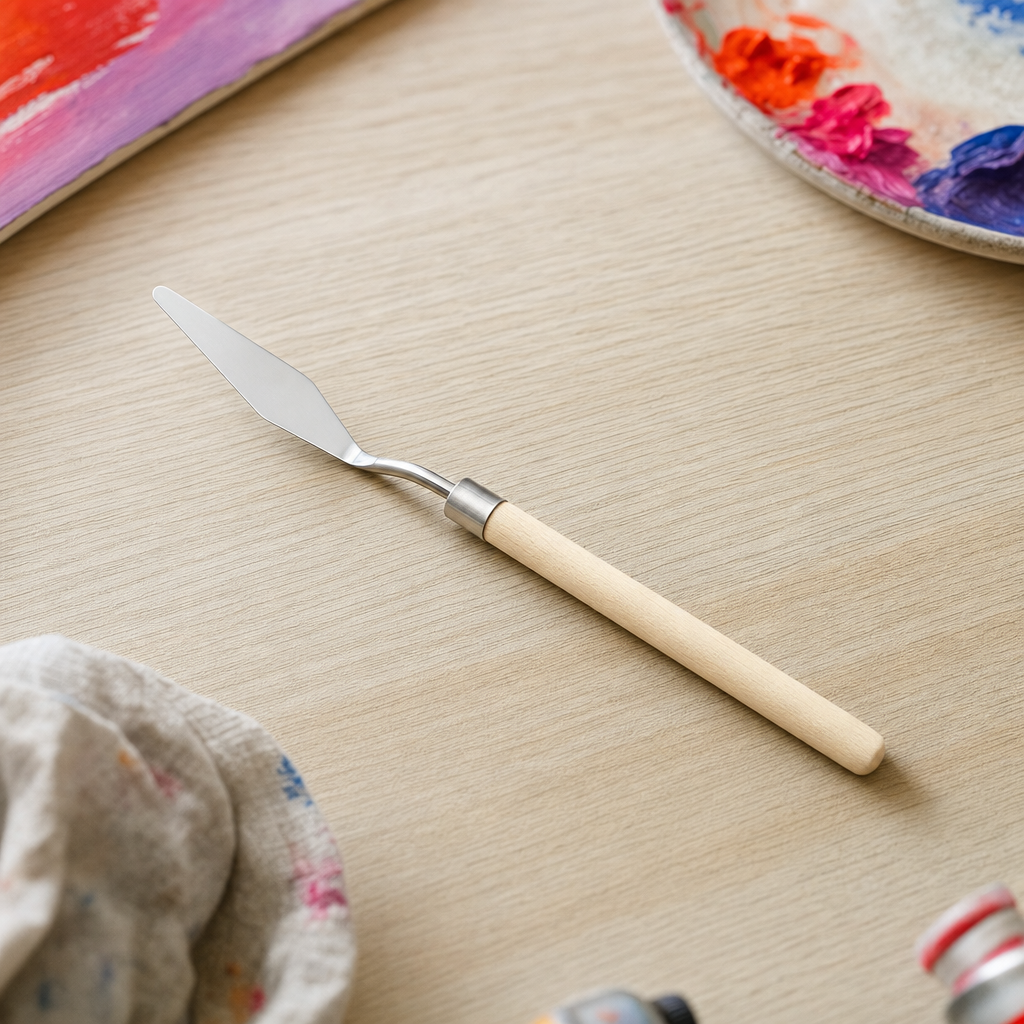 Rozsdamentes acél festőkés fa nyéllel – 3. forma – keskeny, csepp alakú festőkés (17 cm)