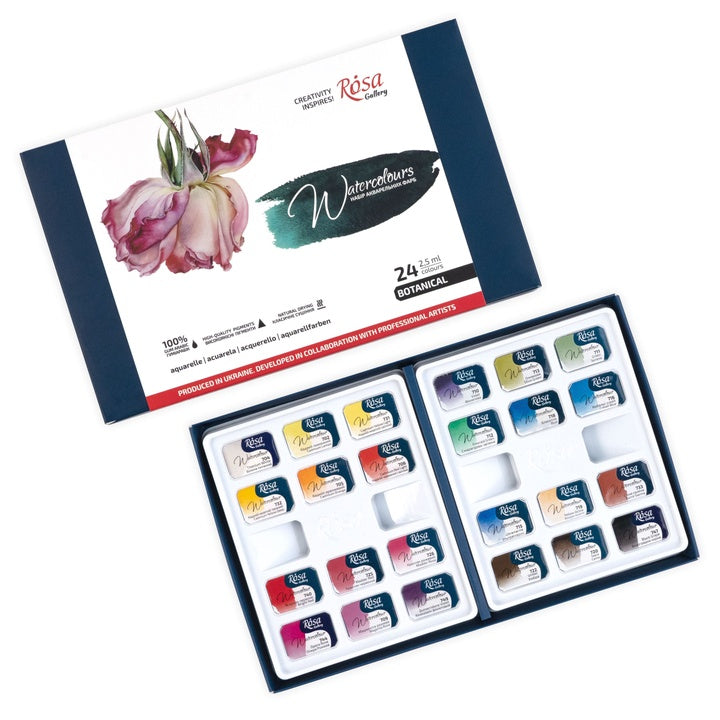 ROSA GALLERY "Botanical" akvarellfesték készlet, 24 szín, teli serpenyők, karton