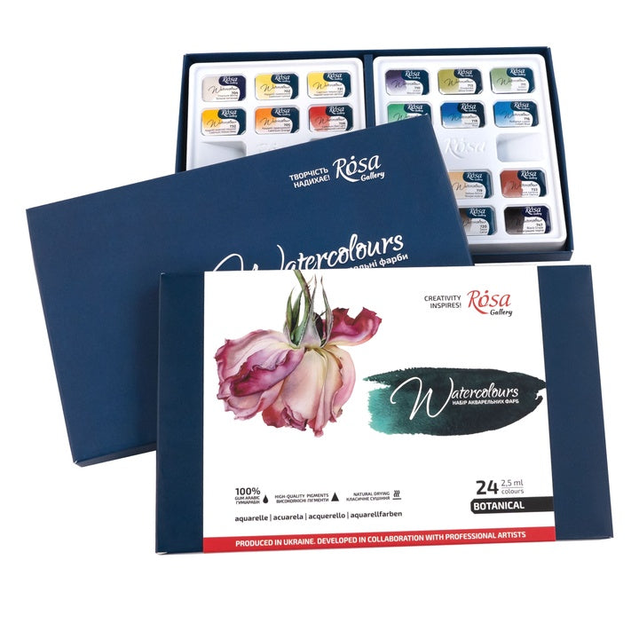 ROSA GALLERY "Botanical" akvarellfesték készlet, 24 szín, teli serpenyők, karton
