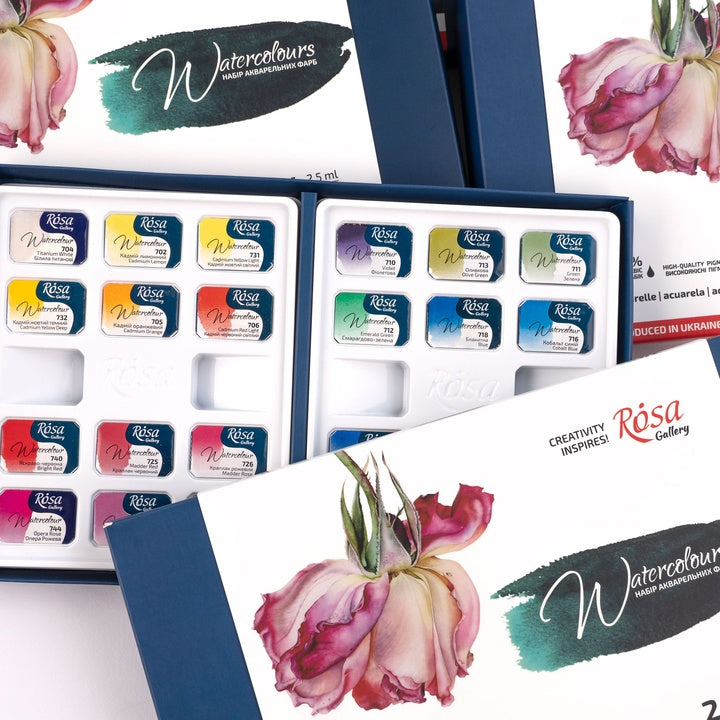 ROSA GALLERY "Botanical" akvarellfesték készlet, 24 szín, teli serpenyők, karton