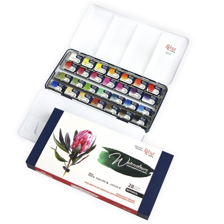 ROSA GALLERY Botanycal akvarellfesték készlet fém dobozban, 28 szín, teli serpenyők