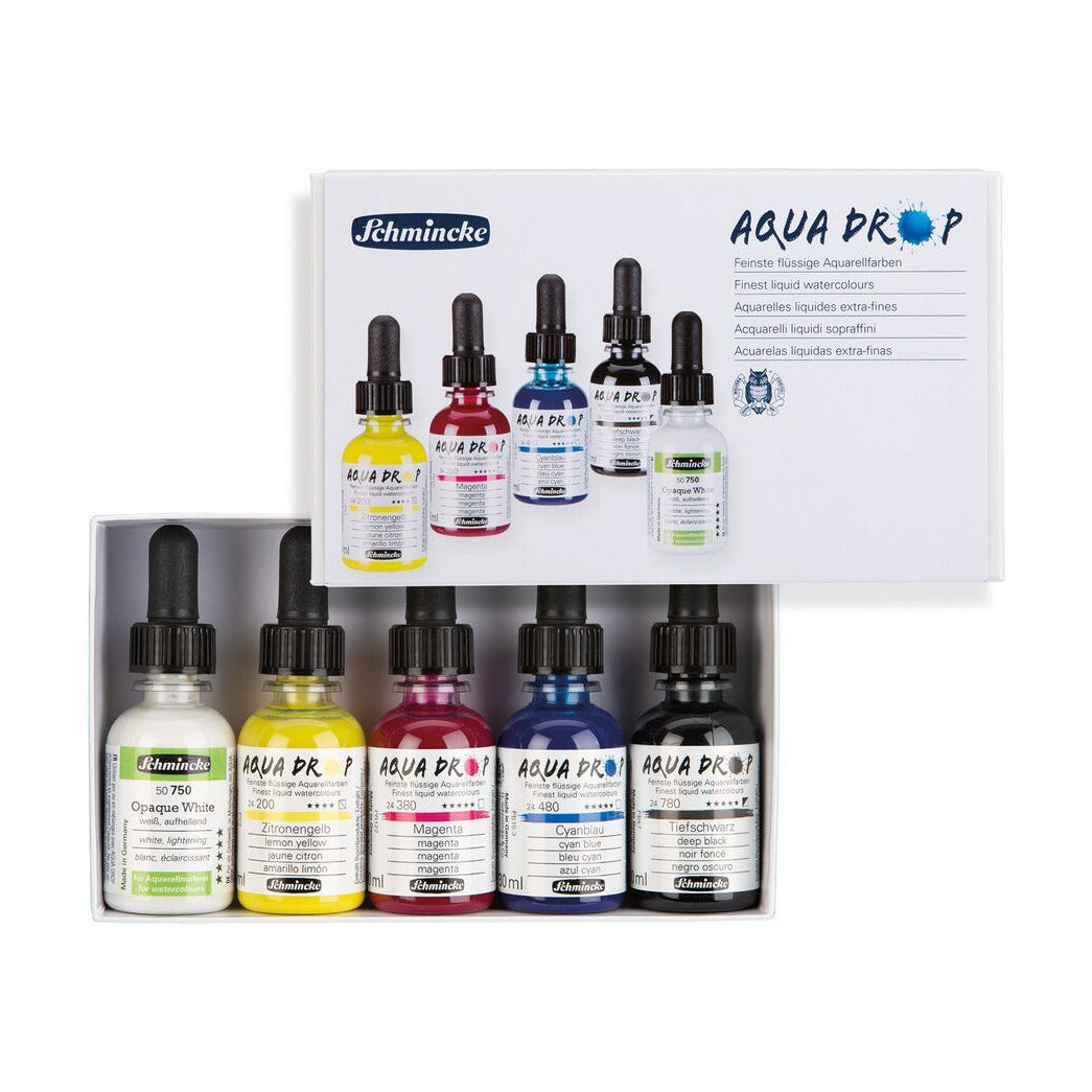 Schmincke AQUA DROP készlet kartondobozban, 5 x 30 ml (alapszínek) + fedőfehér