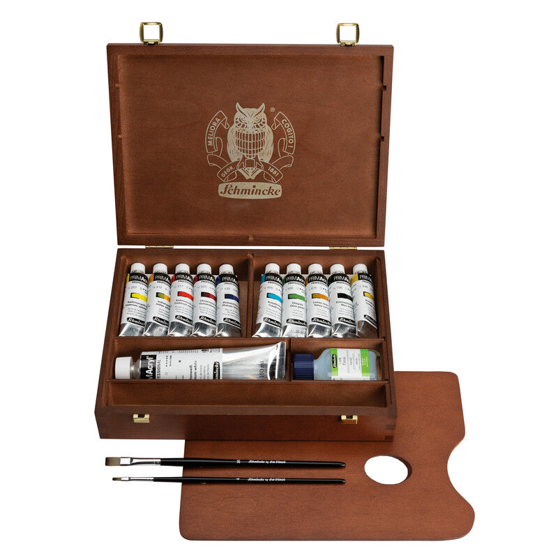 Schmincke PRIMAcryl akrilfesték készlet fadobozban 10 x 35 ml + 150 ml fehér és ecsetek