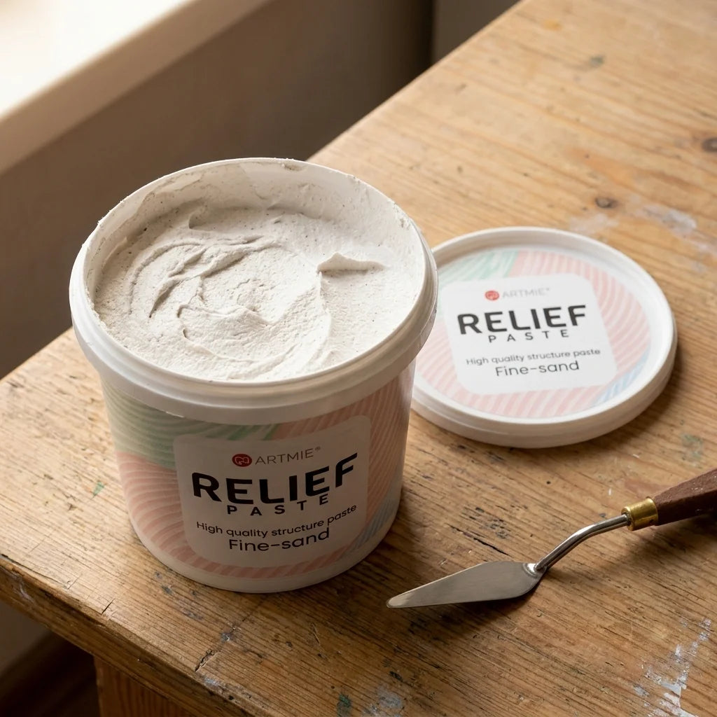 Nyitott ARTMIE Relief Paste csomagolás — látható homokos pasztastruktúra belül