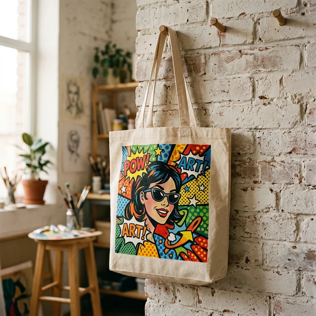 Pop-art motívummal díszített táska akrilfestékkel festve