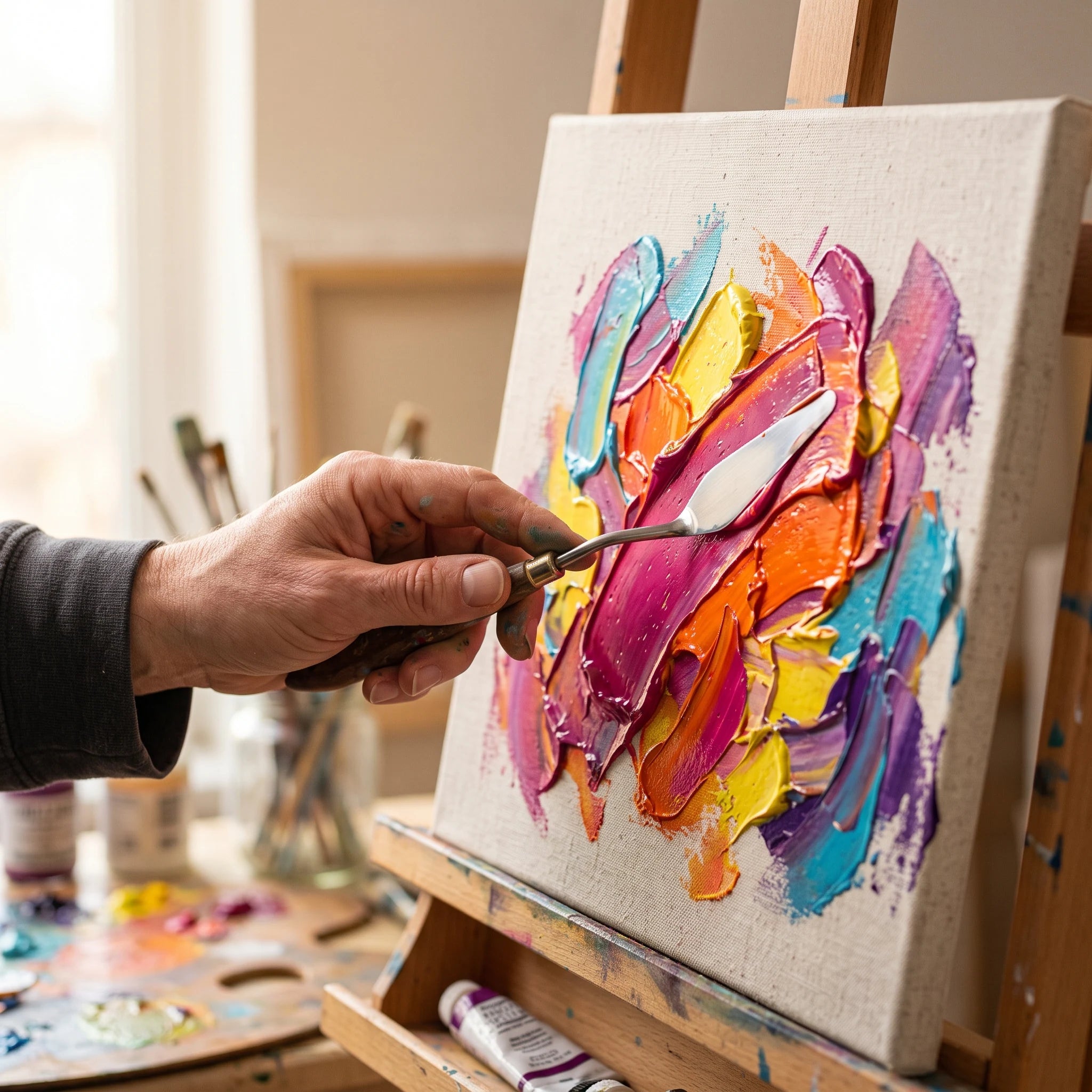 Sűrű El Greco akrilfesték felvitele festőkéssel — impasto hatás
