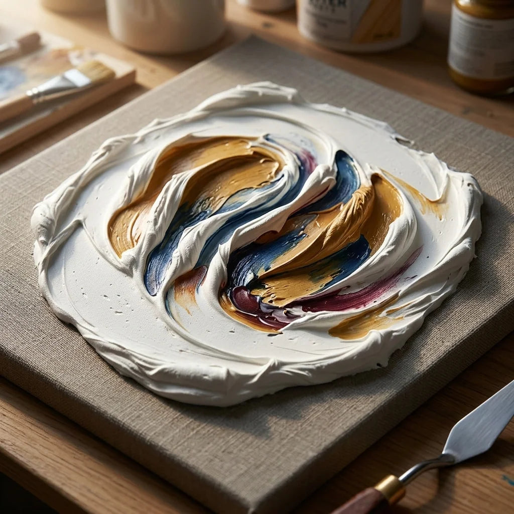 Impasto textúrák ARTMIE Butter 3D dombornyomó modellezőpasztával — festőkés a vásznon