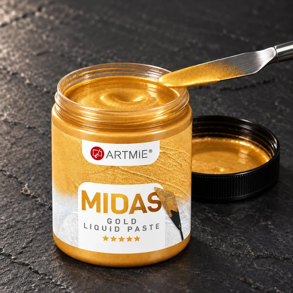 Nyitott ARTMIE MIDAS tégely — arany folyékony fémpaszta, belül látható fénnyel