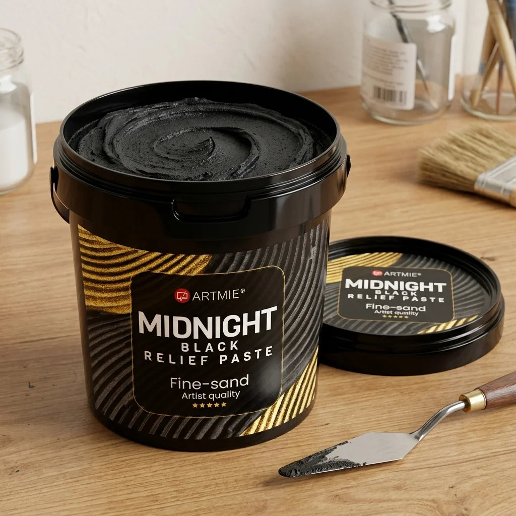 Kinyitott ARTMIE Midnight csomagolás — látható fekete homokos paszta belül