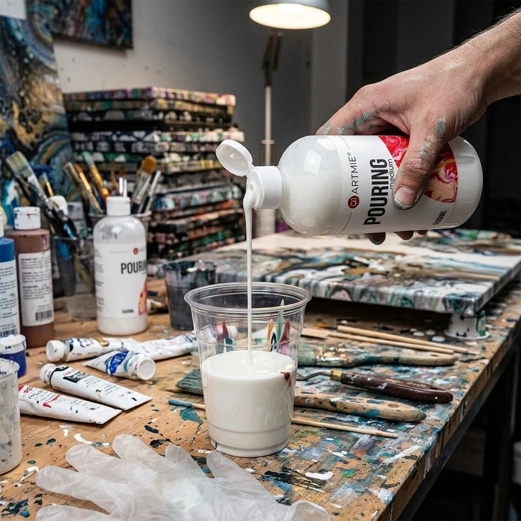 Fehér ARTMIE pouring médium öntése az 500 ml-es flakonból pohárba
