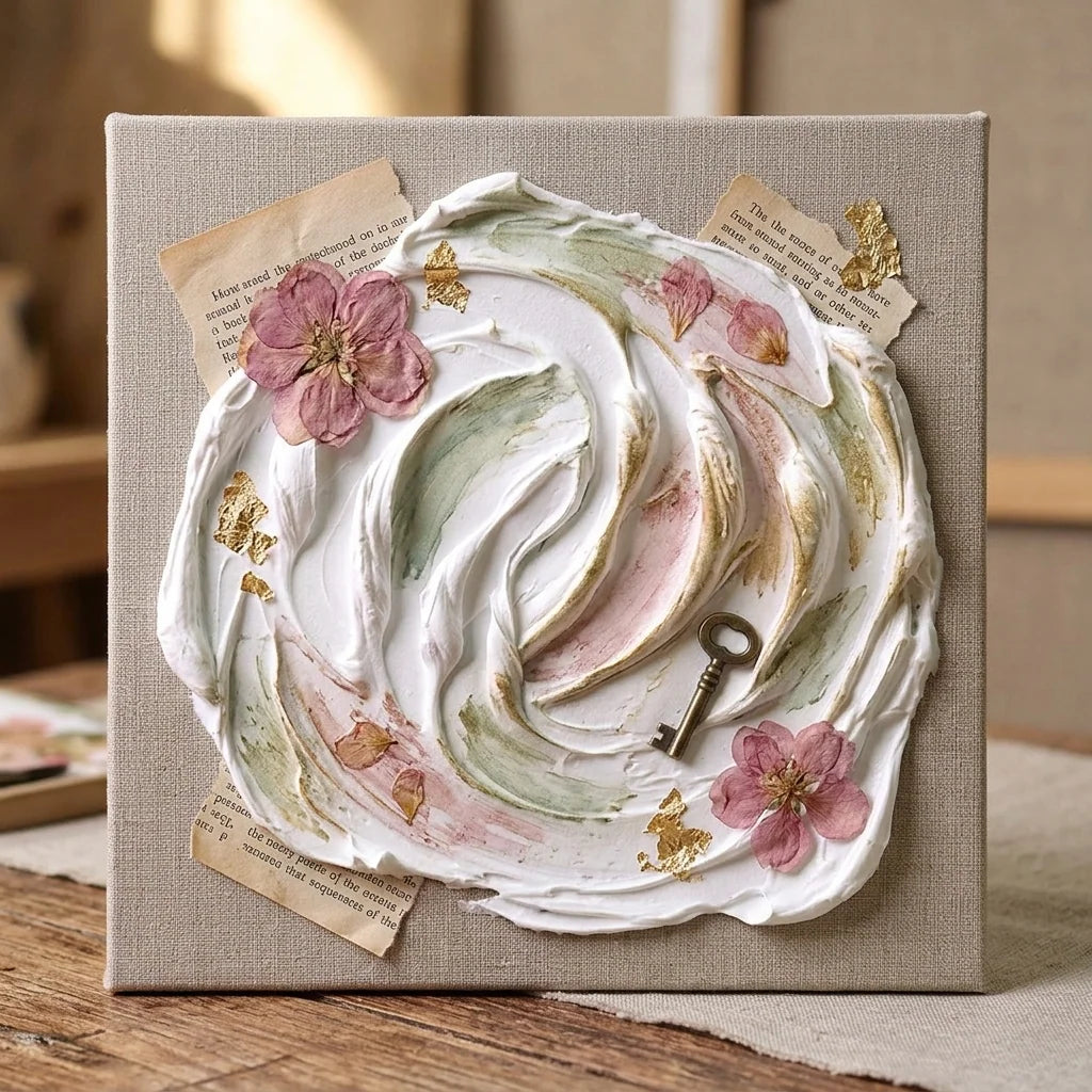 Mixed media kollázs Butter pasztával — szárított virágok, vintage papír, sárgaréz kulcs