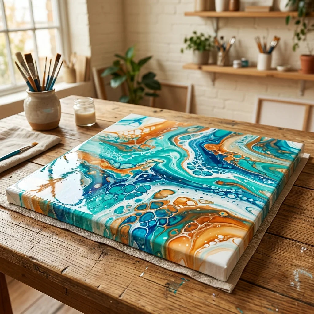 A fluid art alkotás vízszintesen szárad